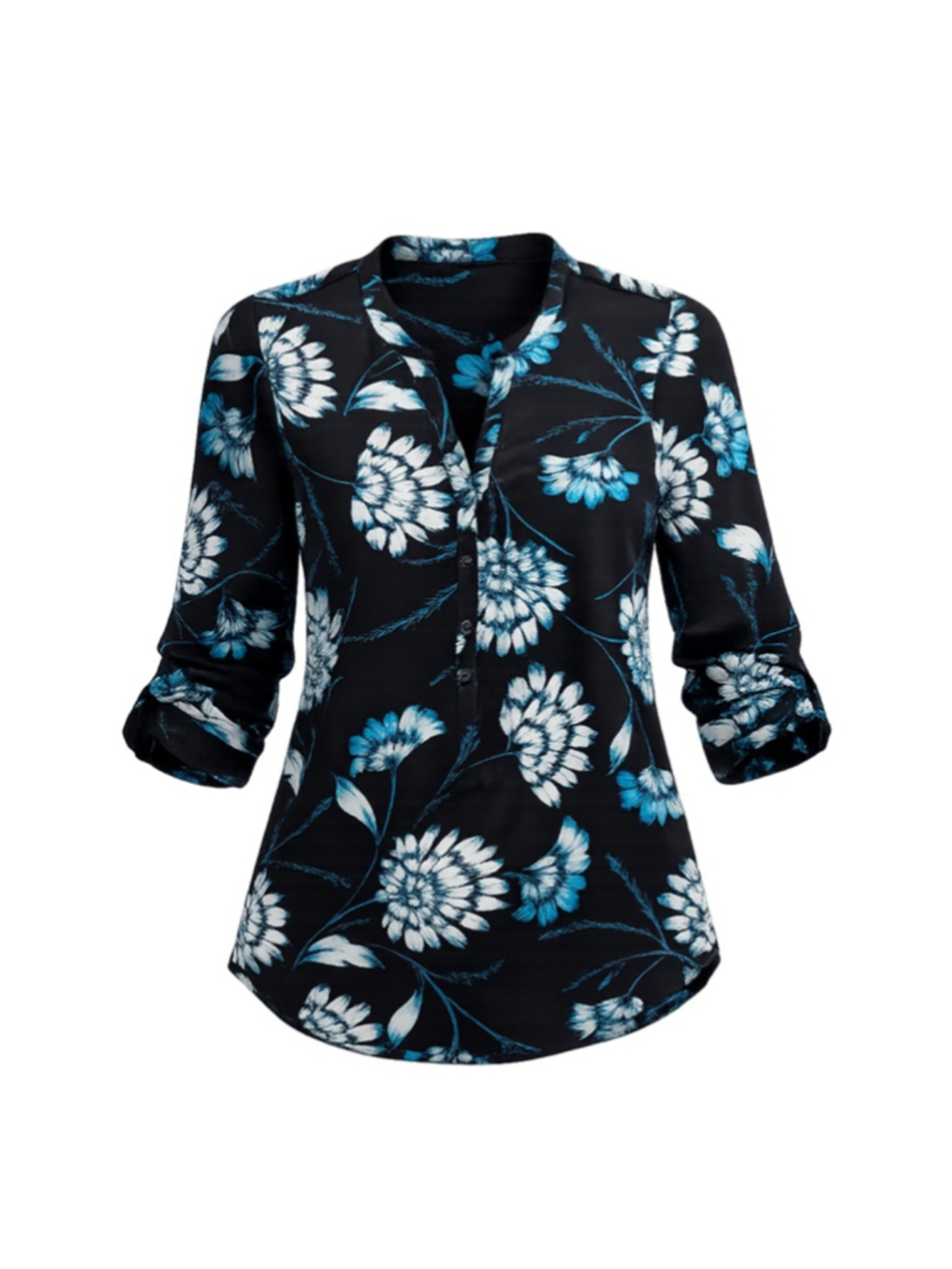 Women's IVANKA TRUMP Blouse L Black Blue Floral Roll-Tab Sleeve